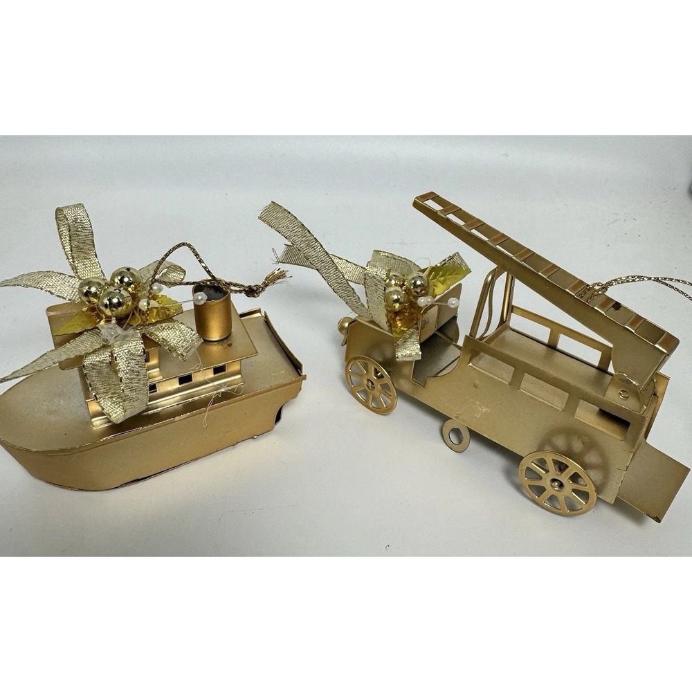 Vintage Gold Toned Metal Christmas Ornaments Featuring A Fire Truck And Boat - Picture 16 of 16